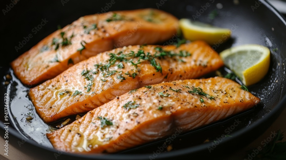 Deliciously seared trout fillets with lemon and herbs served on a black skillet Deliciously seared trout fillets with lemon and herbs served on a black skillet