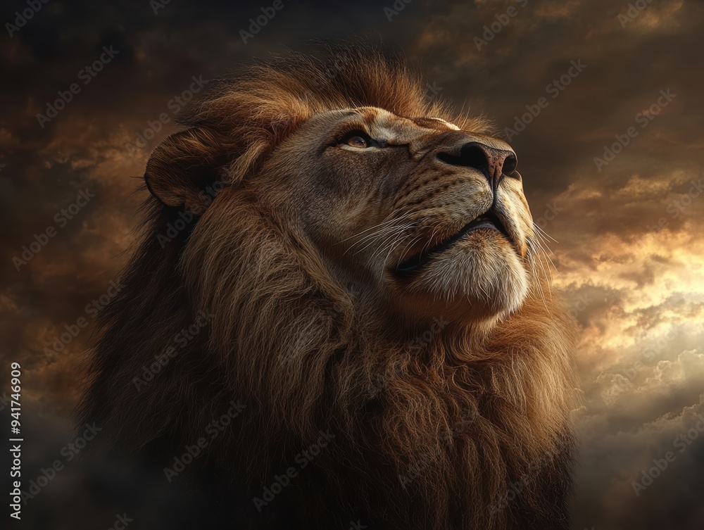 Fototapeta premium A close-up of a majestic lion gazing upward, showcasing its powerful mane against a dramatic, cloudy sky in warm light.