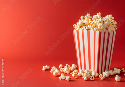 Fresh popcorn in a classic striped container on a vibrant red background, perfect for movie nights and snack time. photo