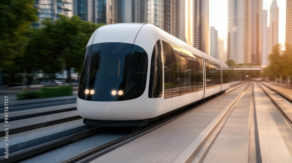 Naklejka premium High-speed modern train traveling through an urban setting during daylight, showcasing efficient public transportation in a city environment..