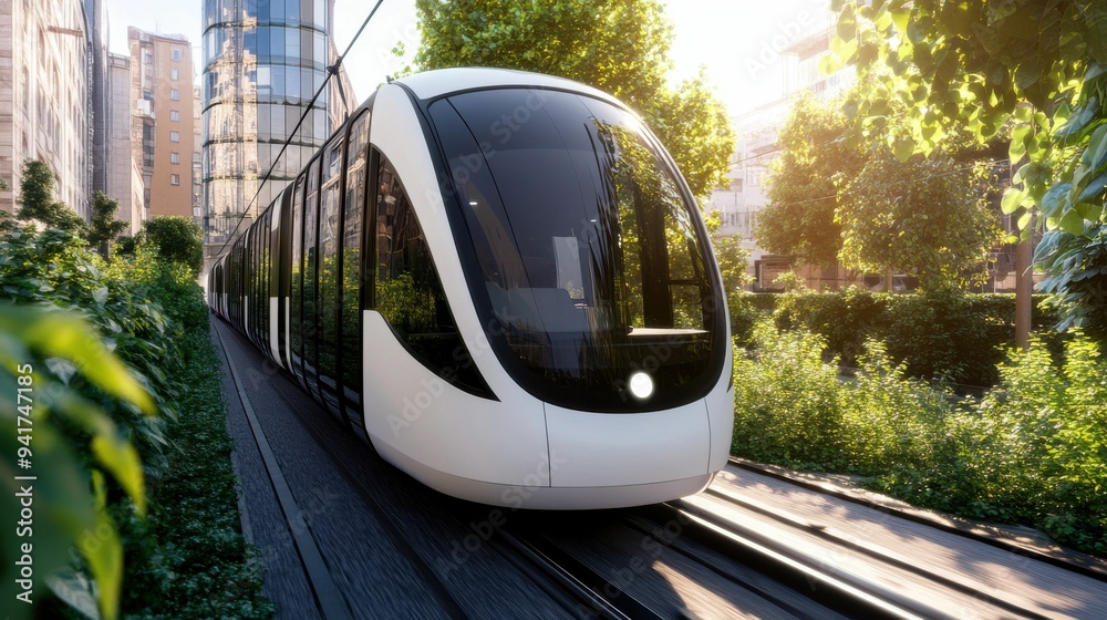 Naklejka premium High-speed train moving through a green urban landscape, surrounded by lush greenery and modern buildings, promoting sustainable transit..