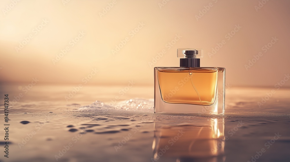 A perfume bottle with water and sand on the floor. A perfume bottle with water and sand on the floor.