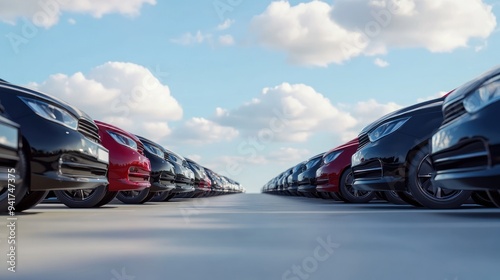 A car is parked in a row at an outdoor parking lot. Used cars for sale and rental service. Car insurance, Automobile parking area. Car dealership and dealer agent concept. Automotive industry.