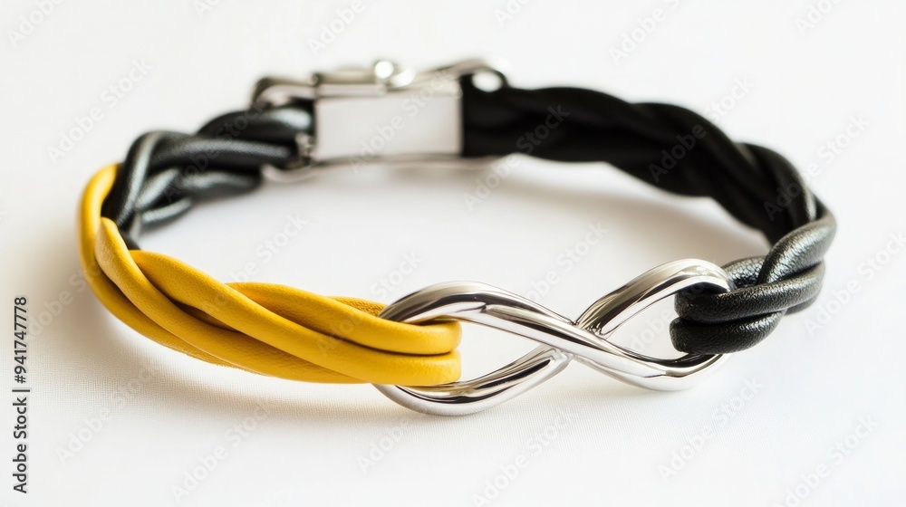 Mixed men's bracelet with black, yellow, silver, and leather accents on a white background. Presents for birthdays, weddings, father's days, and Valentine's days Mixed men's bracelet with black, yellow, silver, and leather accents on a white background. Presents for birthdays, weddings, father's days, and Valentine's days