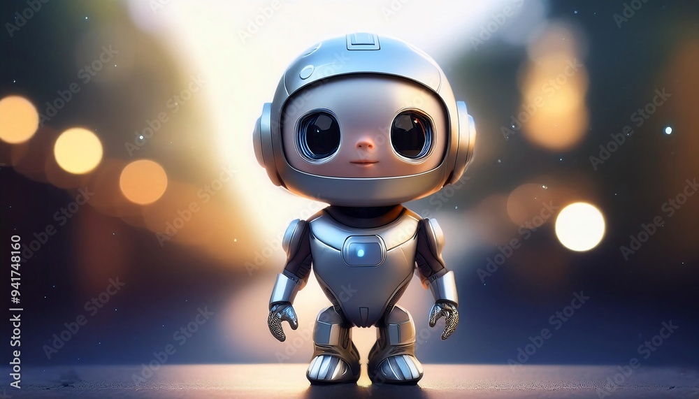 A cute image of a small robot with a round head and a metallic body. A futuristic 3D illustration of a robot cyborg character, blending techno.