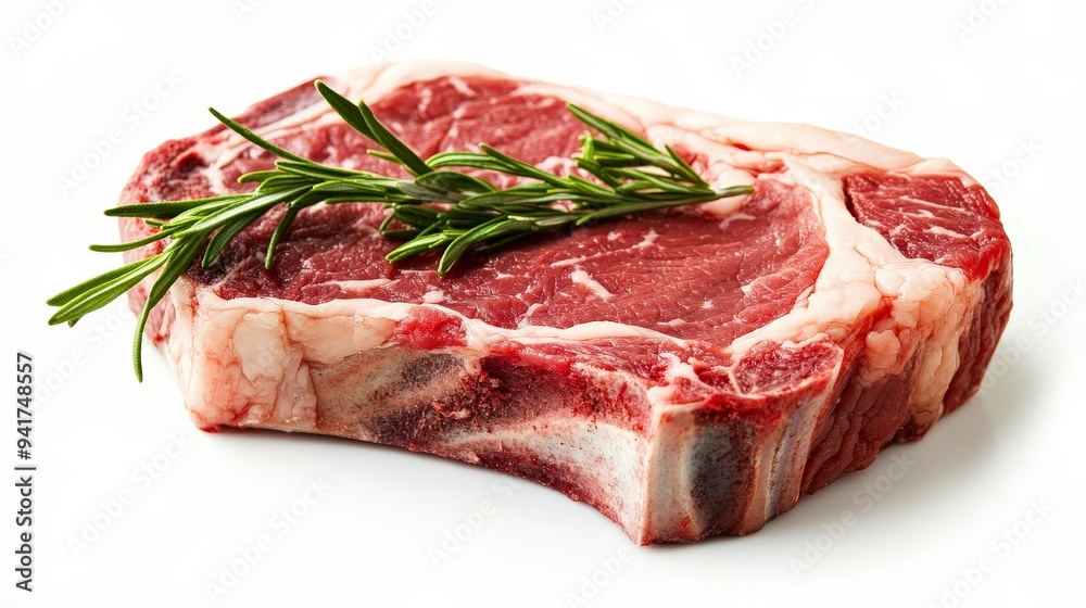 A raw ribeye steak garnished with fresh rosemary on a white background. A raw ribeye steak garnished with fresh rosemary on a white background.