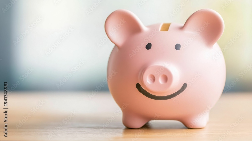 Smiling pink piggy bank on a wooden table, representing savings, finance, and financial planning with a soft blurred background.. Smiling pink piggy bank on a wooden table, representing savings, finance, and financial planning with a soft blurred background..