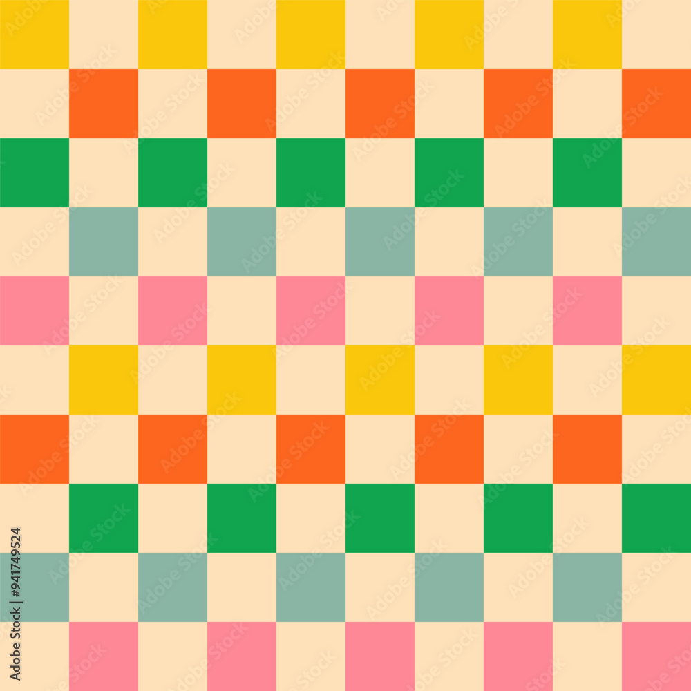 Checkerboard with squares in bold 1960s colours on beige white horizontal