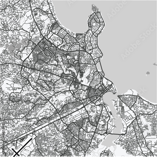 Map of Dar es Salaam in Tanzania in grayscale. Contains layered vector with roads water, parks, etc.