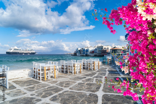 seaside cafe at Little venice district of Mykonos island, Greece photo