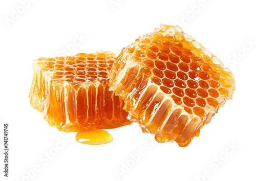 Two honeycombs with honey, transparent background. photo