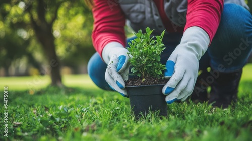 The gardener planting shrub.