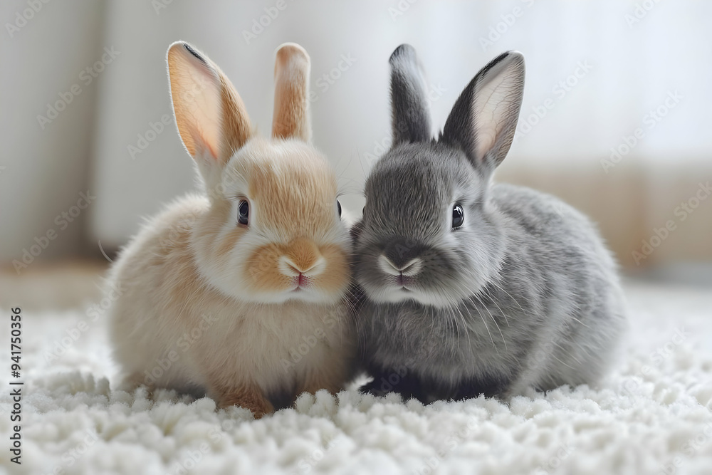 Two adorable rabbits sit close together on a soft rug, capturing the essence of friendship and cuteness in a cozy home. Two adorable rabbits sit close together on a soft rug, capturing the essence of friendship and cuteness in a cozy home.