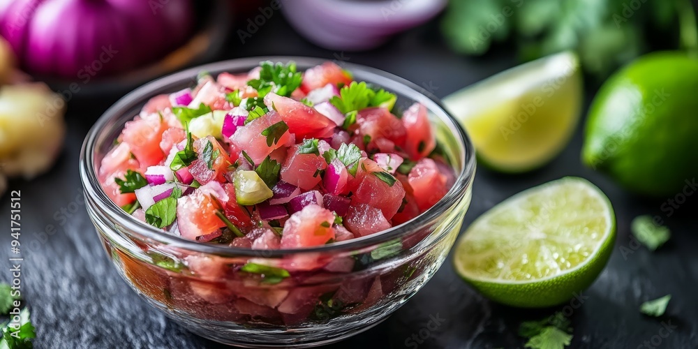 Fresh tomato salsa with cilantro and lime served in a glass bowl on a dark kitchen counter Fresh tomato salsa with cilantro and lime served in a glass bowl on a dark kitchen counter
