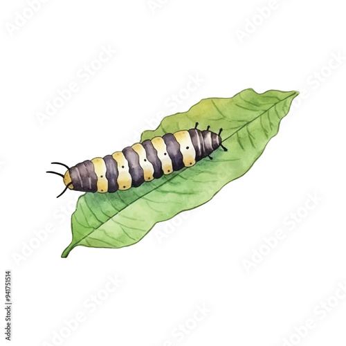 a caterpillar on a green leaf watercolor illustration vector, white background