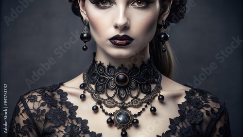 Gothic Glam: Accessories and clothing with a dark and opulent aesthetic, featuring black lace, velvet, and intricate metalwork. photo