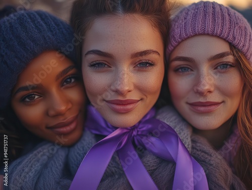 empowering scene of diverse women embracing in solidarity soft warm lighting highlights unity purple ribbons symbolize antiviolence movement urban backdrop determined expressions photo