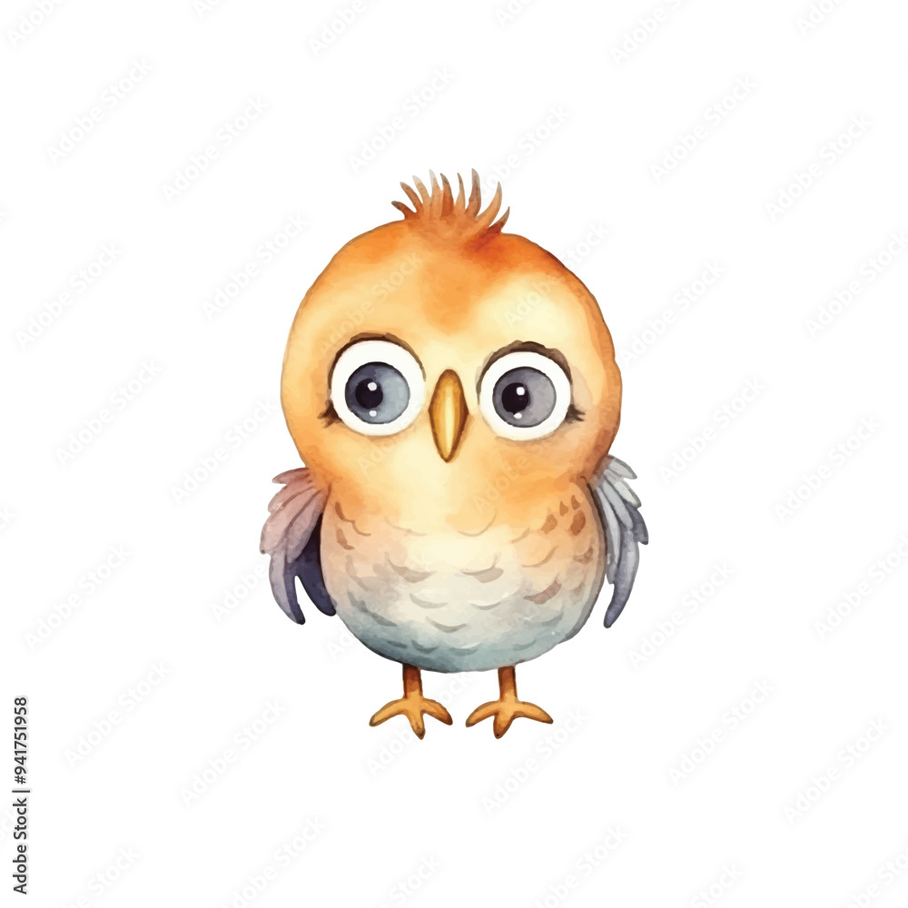 Obraz premium Watercolor cute little baby owl vector illustration, white background