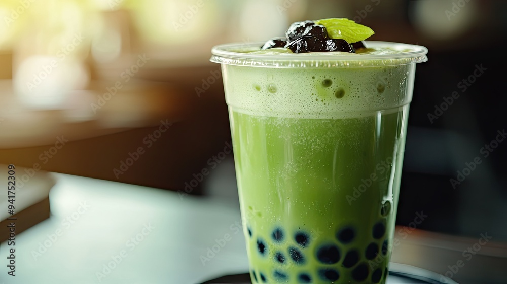 A detailed view of a matcha bubble tea, capturing the vibrant green tea color with a cluster of chewy tapioca pearls at the bottom. A detailed view of a matcha bubble tea, capturing the vibrant green tea color with a cluster of chewy tapioca pearls at the bottom.