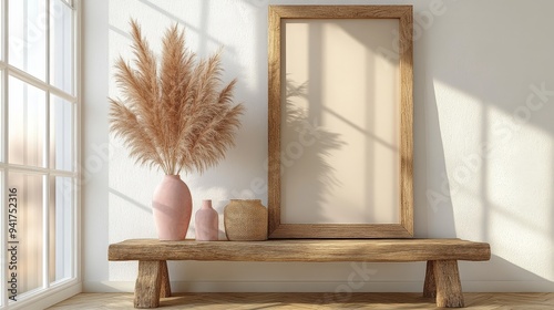 Minimalist Interior Design Pampas Grass Wooden Bench with Sunlit Shadows and Blank Frame photo