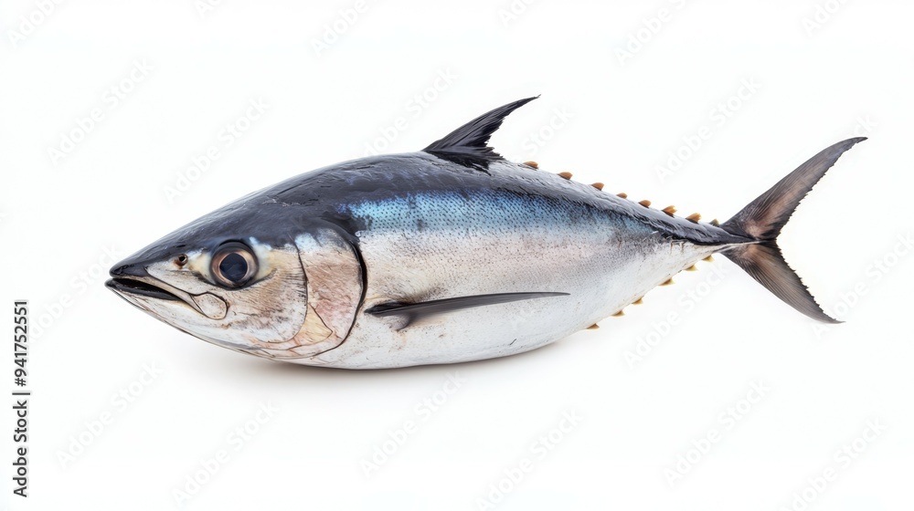 Freshly caught tuna laying on a clean white surface ready for preparation or sale Freshly caught tuna laying on a clean white surface ready for preparation or sale