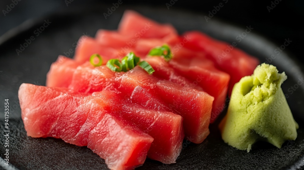 Slices of fresh sashimi on a black plate garnished with green onions and wasabi Slices of fresh sashimi on a black plate garnished with green onions and wasabi