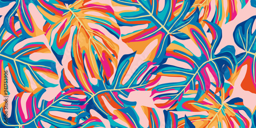 Abstract seamless tropical pattern with bright Monstera leaves on a pink background, Hand drawn natural ornaments for textile, fabric, wallpaper, card, cover, poster, decoration.