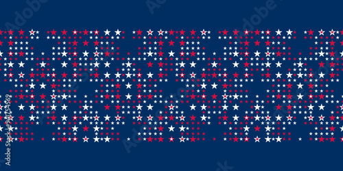 Seamless vector pattern Border with little red and white stars on blue background. 4th July irregular abstract geometric pattern. Independence day background.