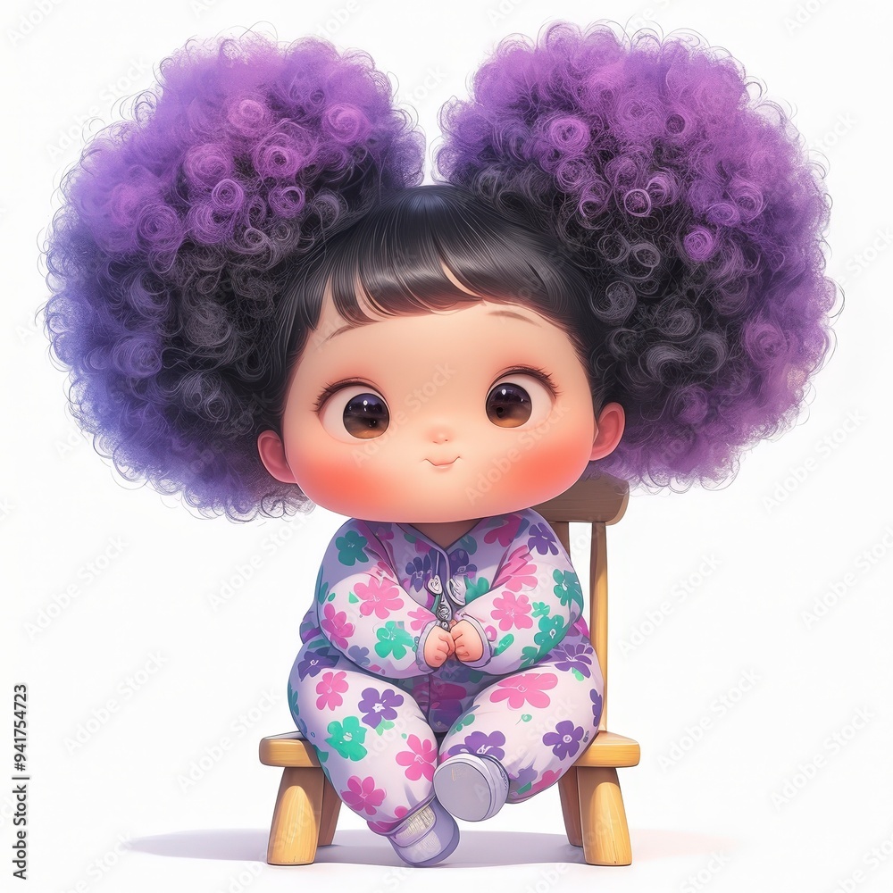 A cute cartoon baby with large purple curly hair, sitting on a chair in colorful pajamas. A cute cartoon baby with large purple curly hair, sitting on a chair in colorful pajamas.