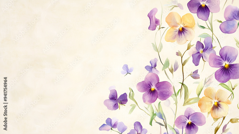 The image features delicate watercolor violets in various shades, arranged on a light background, creating an elegant and refined composition The image features delicate watercolor violets in various shades, arranged on a light background, creating an elegant and refined composition