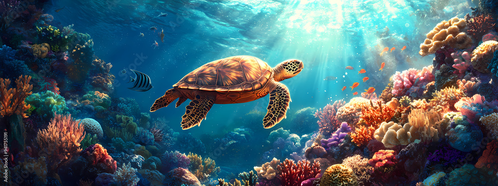 Fototapeta premium Turtle's Tranquil Swim in the Reef