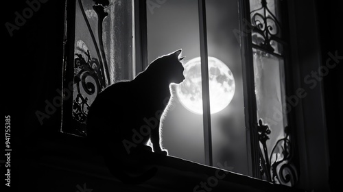 Silhouette of a cat on an ornate windowsill, framed by a moonlit night. The black and white contrast creates a dramatic, mysterious atmosphere