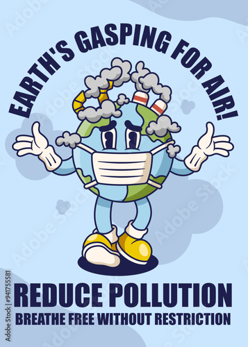 Air Pollution Poster with Earth Retro Mascot Illustration Color Version