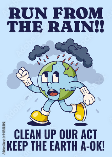 Acid Rain Poster with Earth Retro Mascot Illustration Color Version
