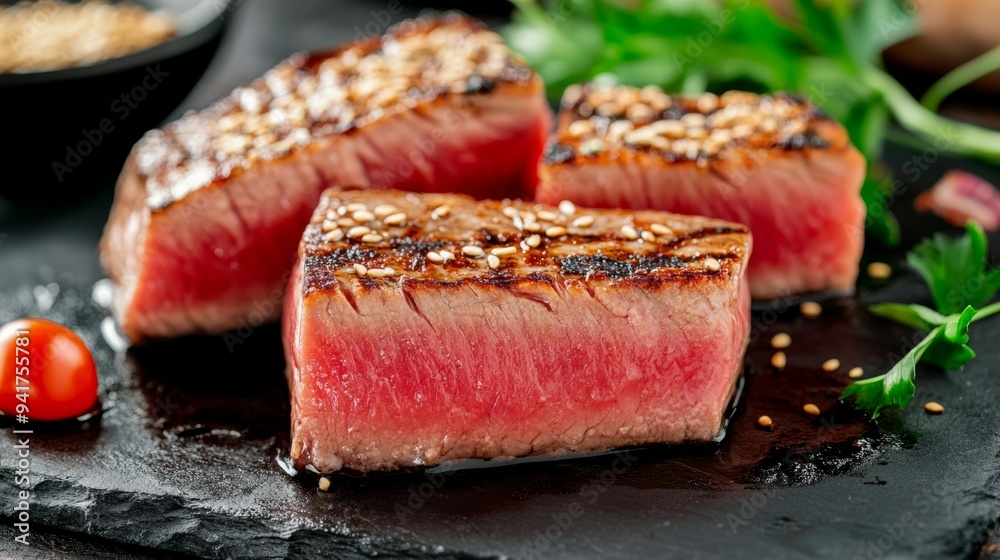 Grilled tuna steak pieces with sesame seeds served on a slate plate with fresh herbs and tomatoes
