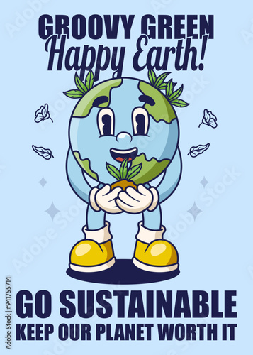 Go Green Sustainability Poster with Earth Retro Mascot Illustration Color Version