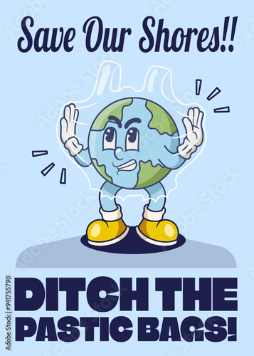 Plastic Pollution Poster with Earth Retro Mascot Illustration Color Version