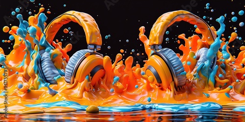 Energetic colorful splash with stereo headphones ready for music party 3d illustration photo