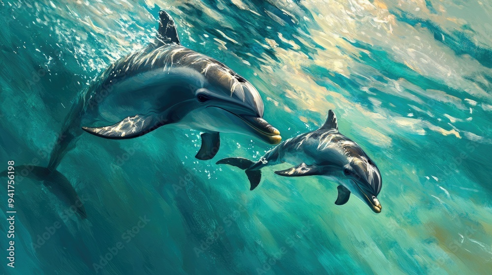 Obraz premium A dolphin mother and her calf swimming close together in shallow turquoise waters, showcasing their strong bond. -