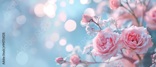 Delicate pink roses with a dreamy bokeh background create a serene and romantic ambiance for any design.