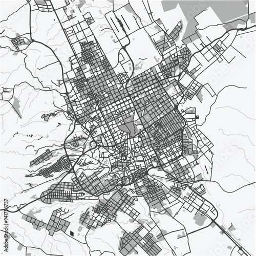 Map of Riyadh in Saudi Arabia in grayscale. Contains layered vector with roads water, parks, etc.