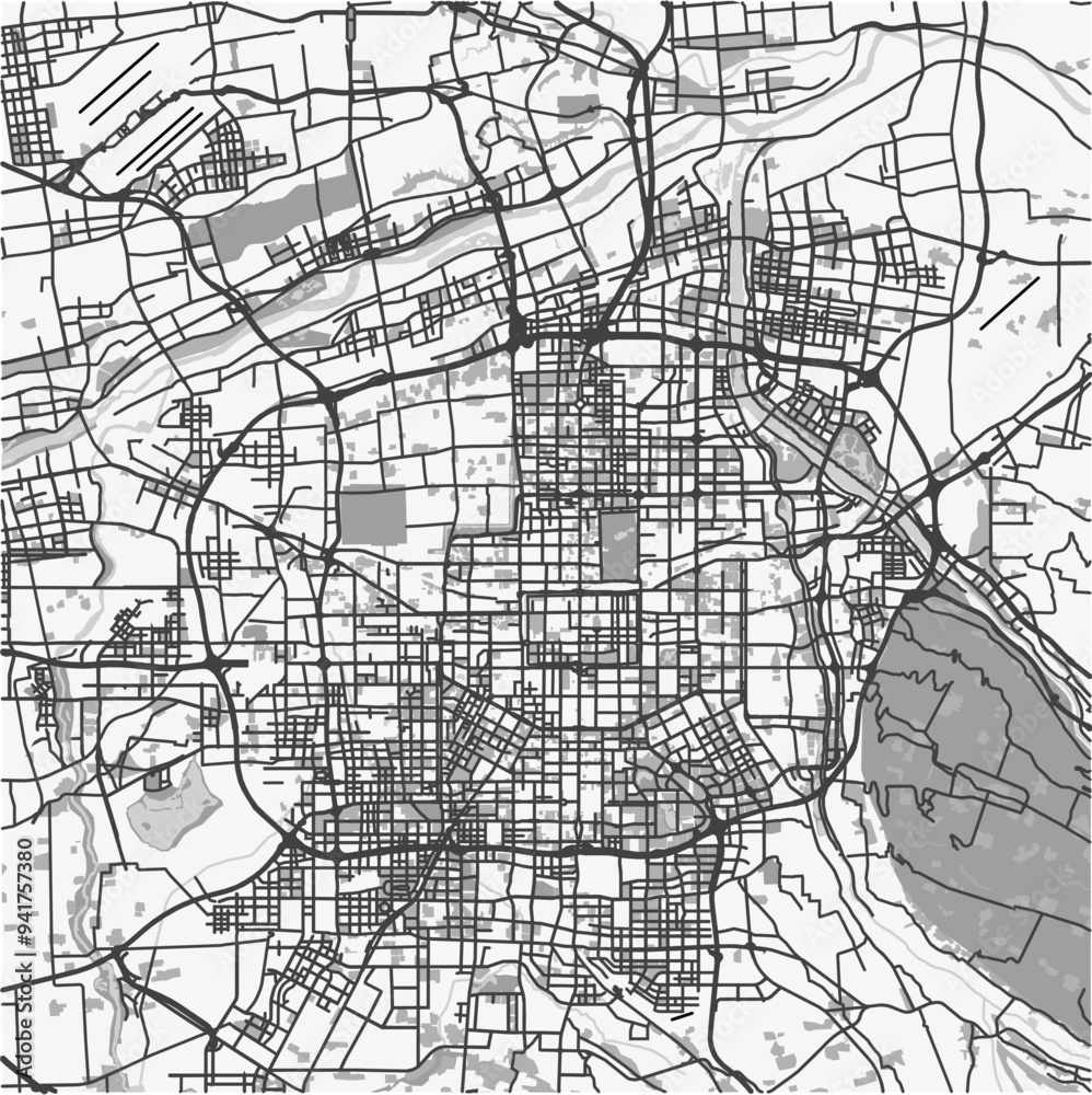 Fototapeta premium Map of Xi in an in grayscale. Contains layered vector with roads water, parks, etc.