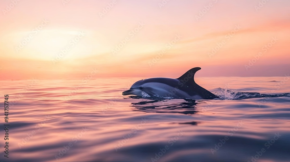 Fototapeta premium A dolphin's dorsal fin breaking the surface of the water as it swims in a calm ocean at dawn, with soft pink and orange hues in the sky.