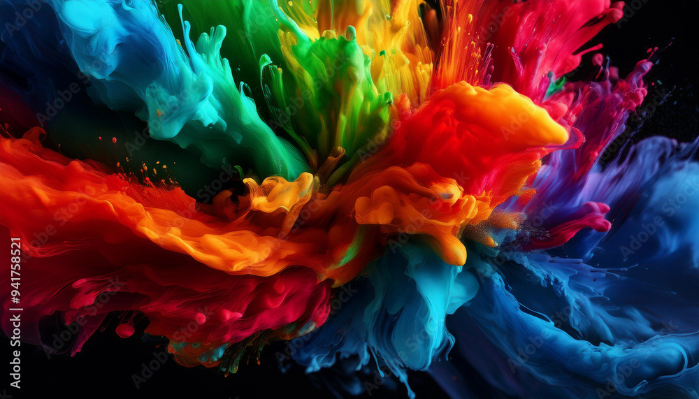 Fototapeta premium Colourful paint splash, modern art, colors, green, red, yellow, blue, rainbow, acrylic paint, modern art, background, copy space, backdrop, fill, texture, copy space, vivid