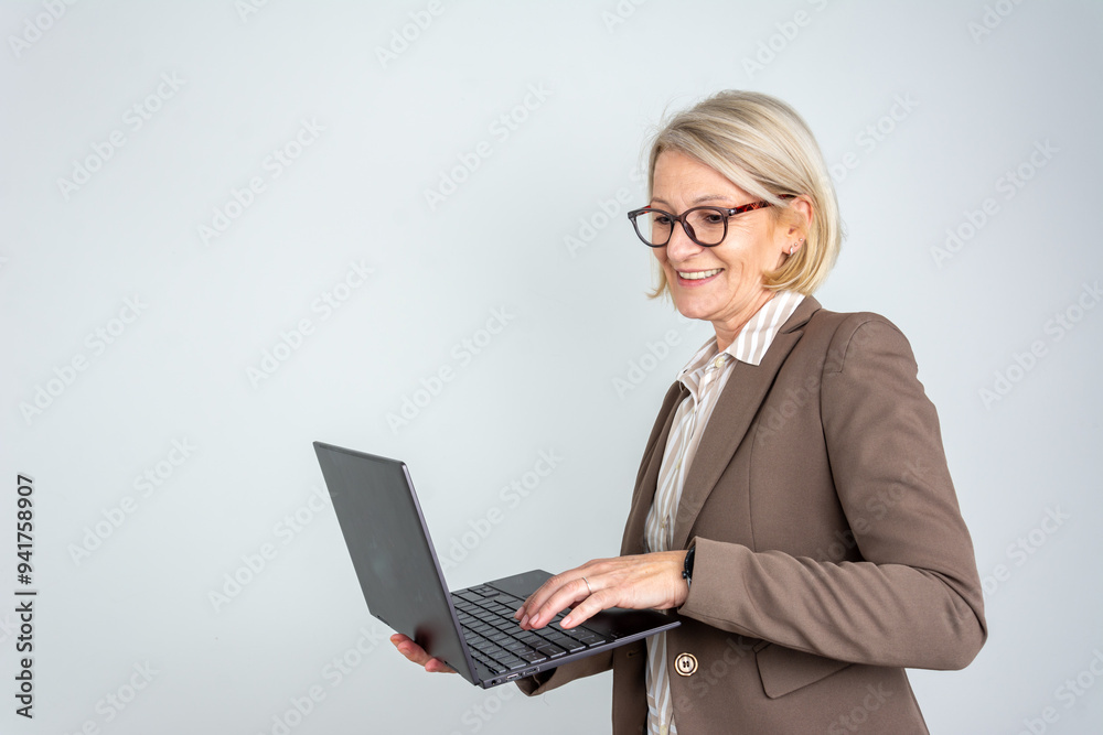 Happy Business Woman Using Laptop Computer Isolated Happy Business Woman Using Laptop Computer Isolated