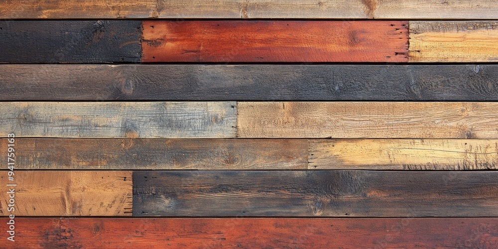 Naklejka premium Wooden planks with varying colors and textures arranged in a rustic pattern on a surface