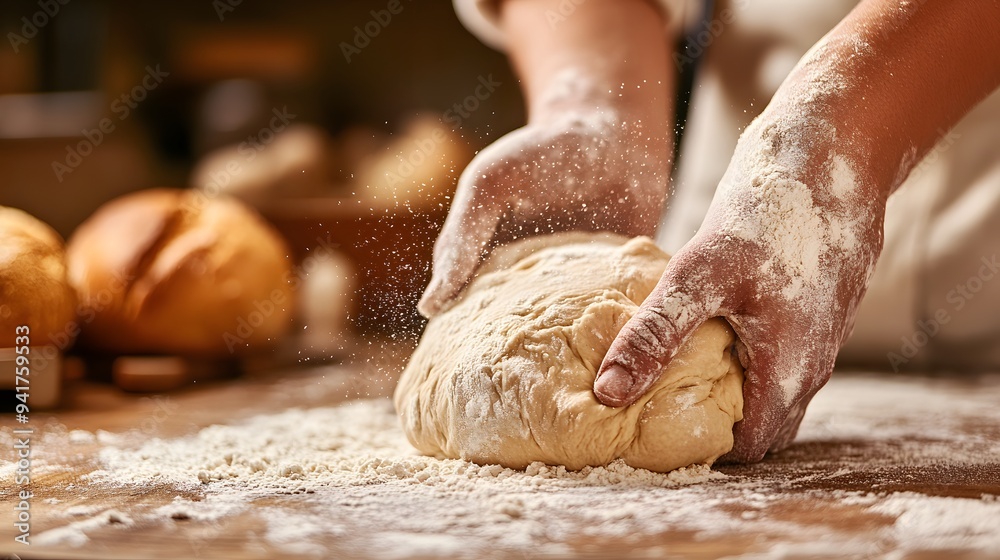 Baker’s Hand Kneading Dough: A baker's hand covered in flour, kneading dough on a wooden surface, with a warm, rustic kitchen setting.
