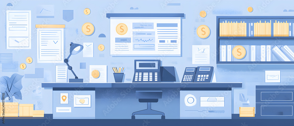 A flat vector illustration of a financial advisor’s office, with documents, calculators, and investment plans clean and professional design with a blue and gray color palette A flat vector illustration of a financial advisor’s office, with documents, calculators, and investment plans clean and professional design with a blue and gray color palette
