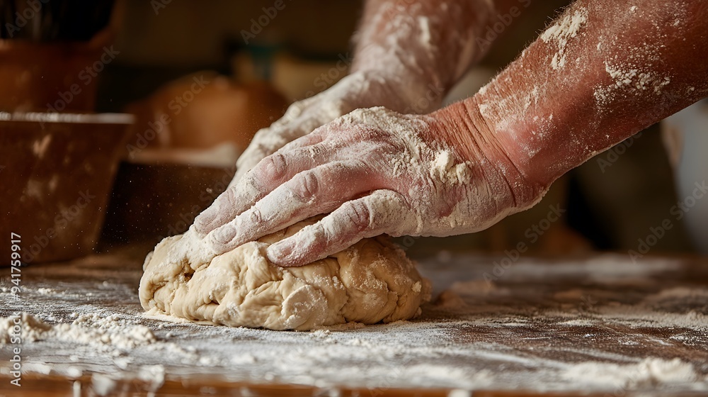 Baker’s Hand Kneading Dough: A baker's hand covered in flour, kneading dough on a wooden surface, with a warm, rustic kitchen setting.
Baker’s Hand Kneading Dough: A baker's hand covered in flour, kneading dough on a wooden surface, with a warm, rustic kitchen setting.