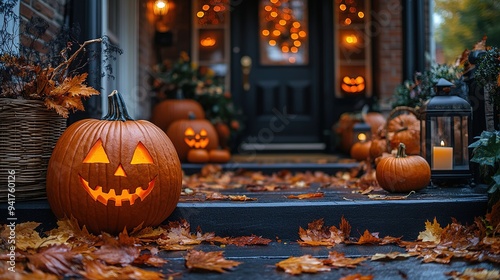 Halloween pumpkin decorations. Pumpkin for decorated house. Halloween Decorated at front yard of a American home. Halloween decorated front door with pumpkins.